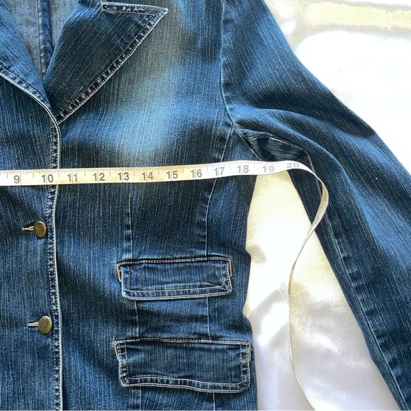 Casual Corner Denim Blazer Jean Jacket Dark Blue Stretch Notch Lapel Size 8 - Picture 9 of 11